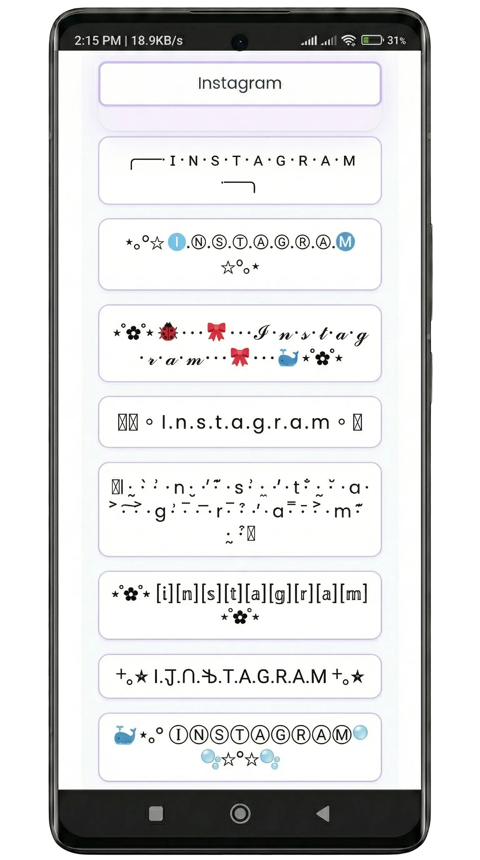 Vista previa de múltiples estilos de fuentes Unicode para elegir letras bonitas en Instagram